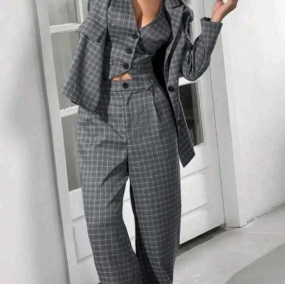 3pcs/Set Solid Grey Suit Blazer Jacket, Vest And Pants - Picture 4 of 10